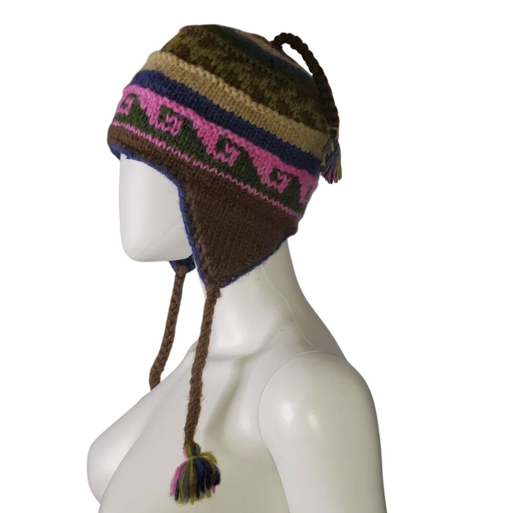 Multicolor Wool Winter Trapper Hat with Braided Tassles Unisex Made In Nepal